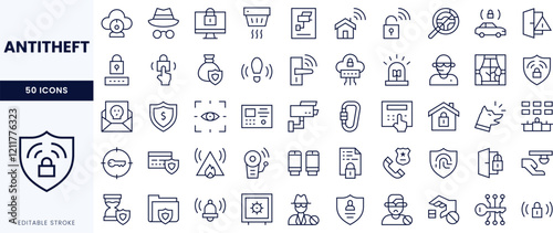 A collection of 50 anti-theft icons in a clean, minimalist design. Perfect for security and safety applications, featuring various protective measures.