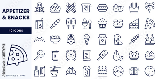 A collection of 40 minimalist snack and appetizer icons, featuring various food items such as pizza, desserts, and beverages, in a clean, line-art style.