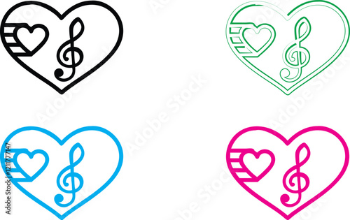 Heart-shaped musical symbols, treble clef inside heart, monochrome line art, vibrant colors, black pink blue green variations, simple iconic design, music lover concept, romantic melody, vector graphi photo