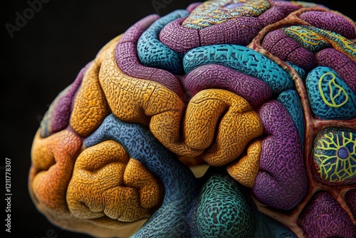 Human brain with various regions of the cerebral cortex highlighted in different colors, visually representing neural functions and cognitive processing
