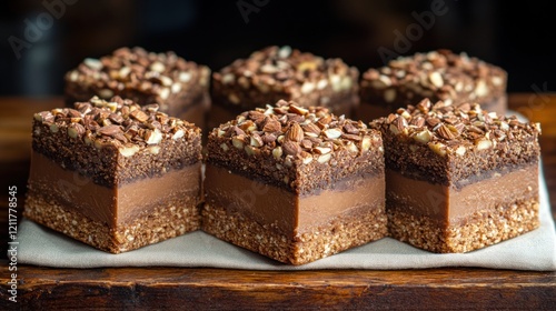 Chocolate almond cakes, wooden board, dark background, dessert menu photo