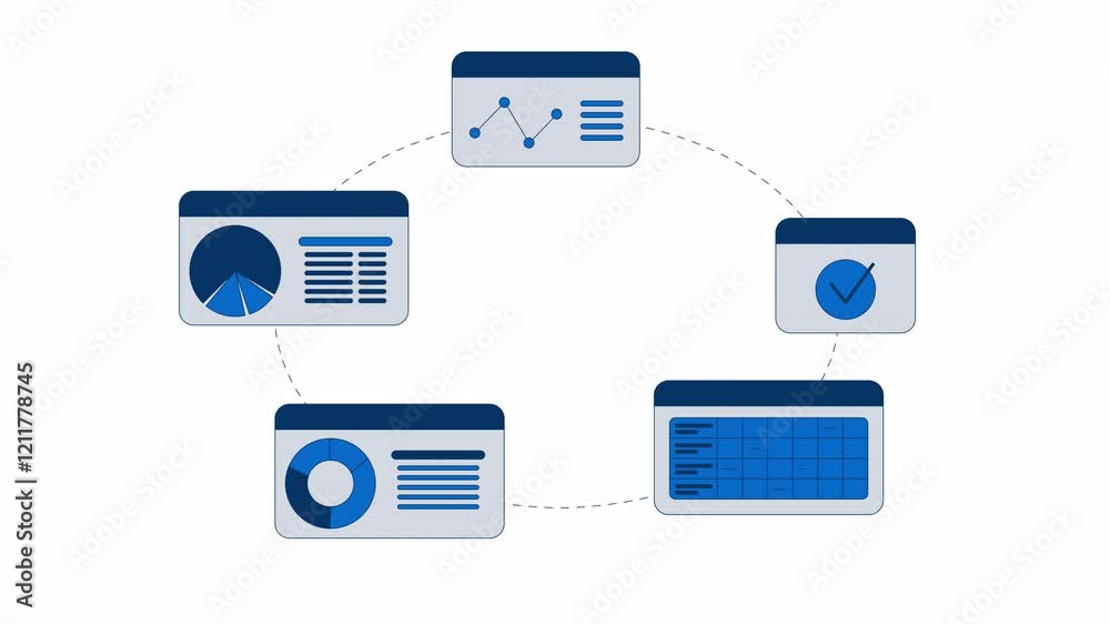 Interconnected circular business dashboard workflow 2D objects animation. Data integration, analysis cartoon 4K video, alpha channel. Information management animated flat items on white background