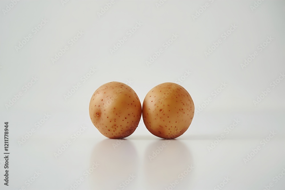 Fototapeta premium Two small potatoes sit side by side on white background