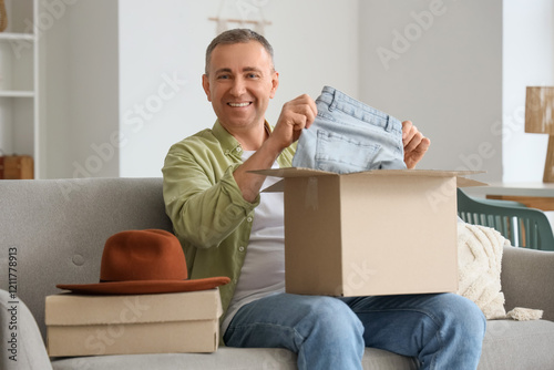 Happy man unboxing online s...