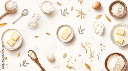 Flat lay of baking ingredients featuring eggs, butter, flour, and cream with decorative leaves. photo