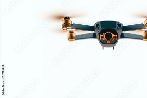 Sleek modern drone with spinning propellers hovering against a clean light backdrop photo