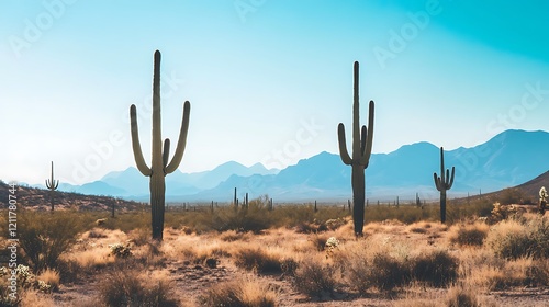 Minimalist desert scene with cacti silhouettes