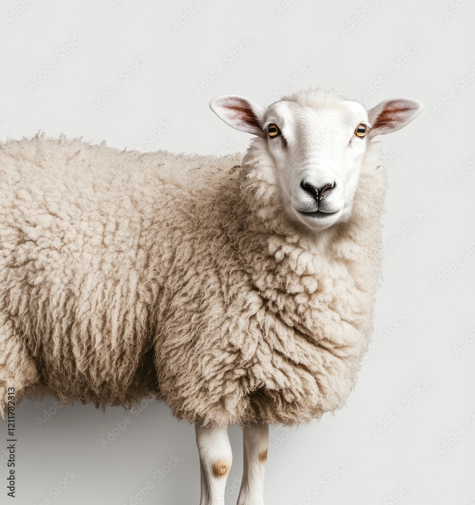 A full-body photograph of an isolated sheep on a light grey background, ultra-realistic photography with copy-space. A full-body photograph of an isolated sheep on a light grey background, ultra-realistic photography with copy-space.