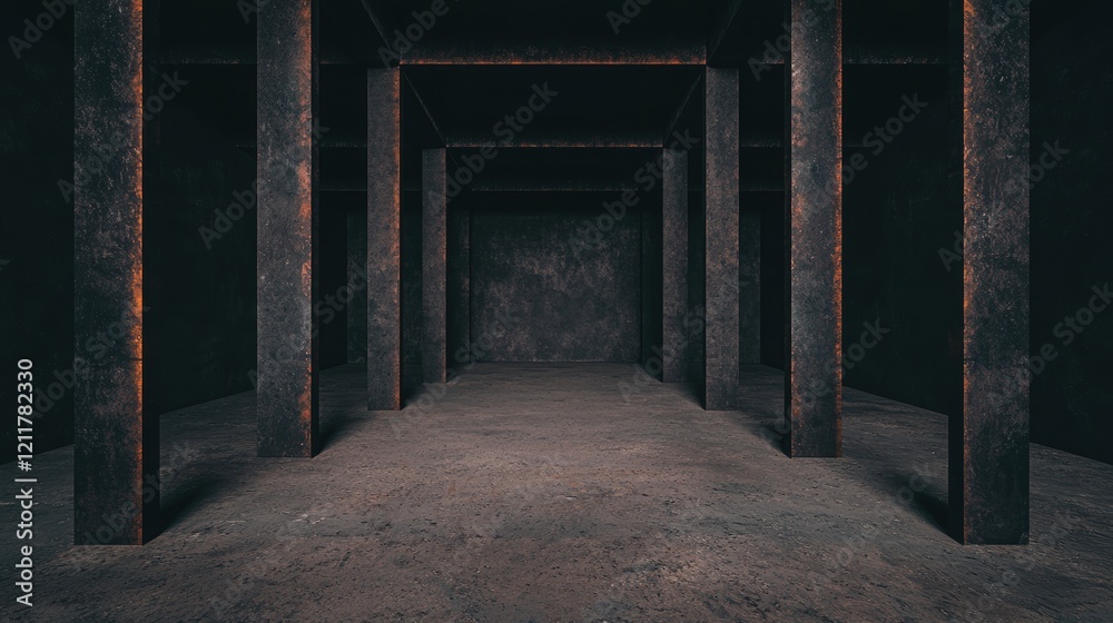 Obraz premium Close-Up View of an Empty Industrial Warehouse Interior with Concrete and Metal Elements