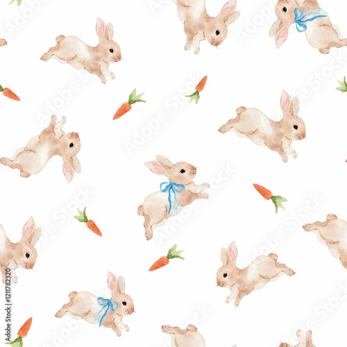 Baby rabbit pattern in beige adorned with carrots and ribbon bows. This cute spring and Easter bunny surface design features adorable watercolor hand-drawn rabbits. photo