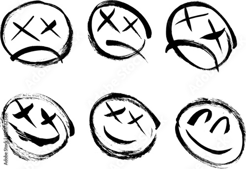 Dead Smiley Faces Grunge Brush Stroke Drawing Vector Set