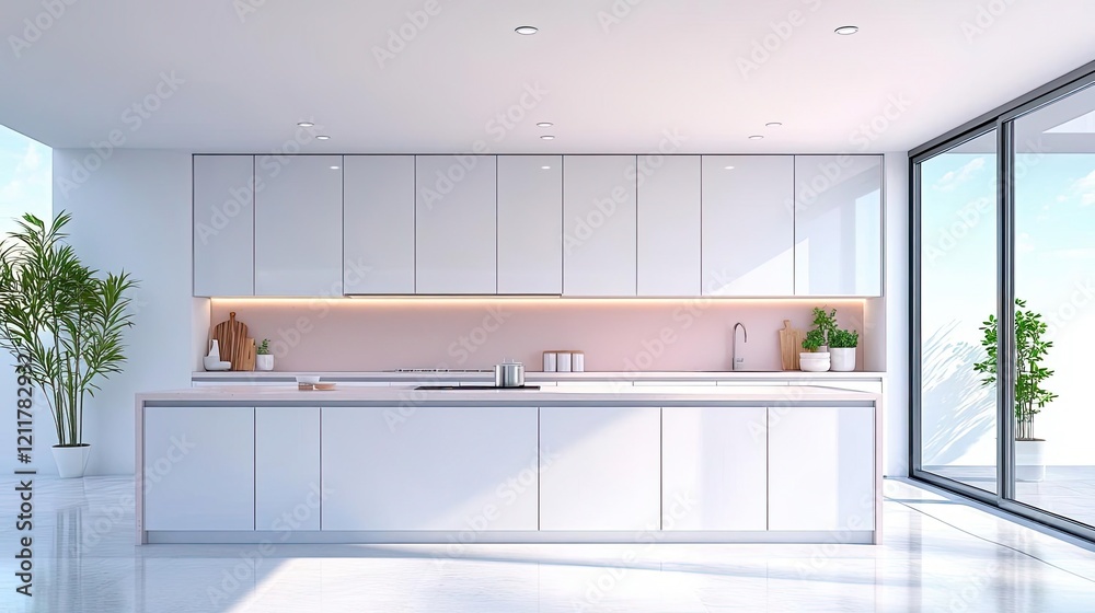 Fototapeta premium A clean minimalist kitchen with sleek white cabinets, neutral countertops, and pastel accents creating an elegant and serene ambiance