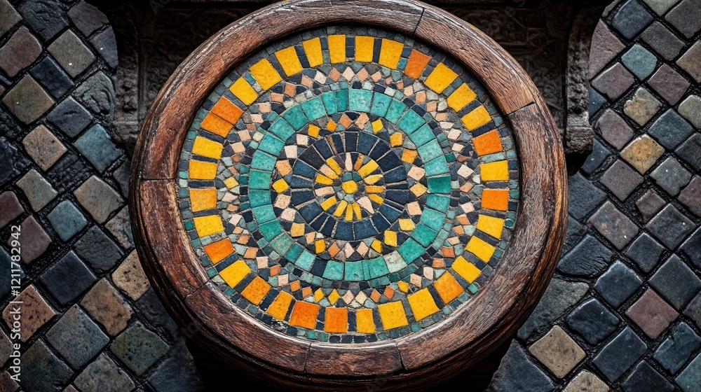 Obraz premium Circular mosaic tile art, wall detail, historic building, textured background, design element