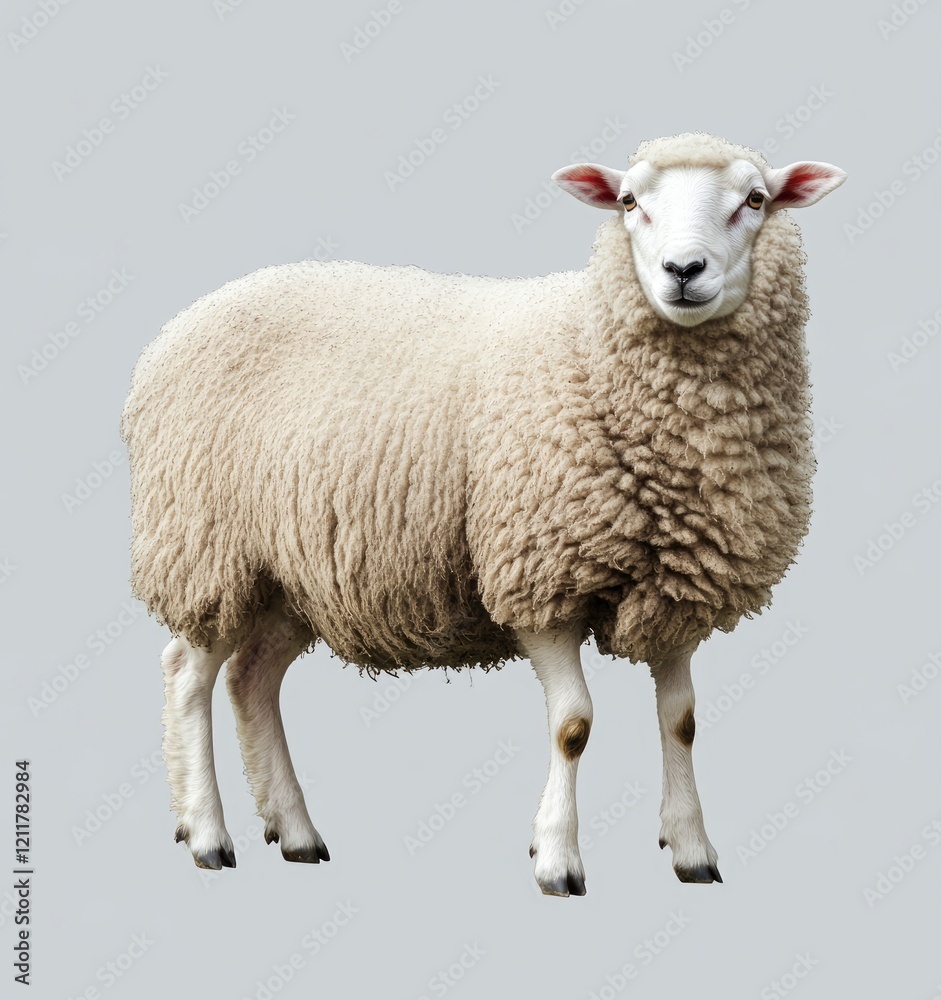 A full-body photograph of an isolated sheep on a light grey background, ultra-realistic photography with copy-space. A full-body photograph of an isolated sheep on a light grey background, ultra-realistic photography with copy-space.