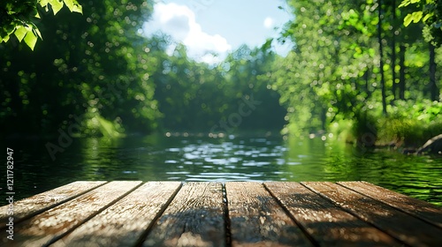 Serene Wooden Dock Overlooking Tranquil Lake in Lush Green Forest