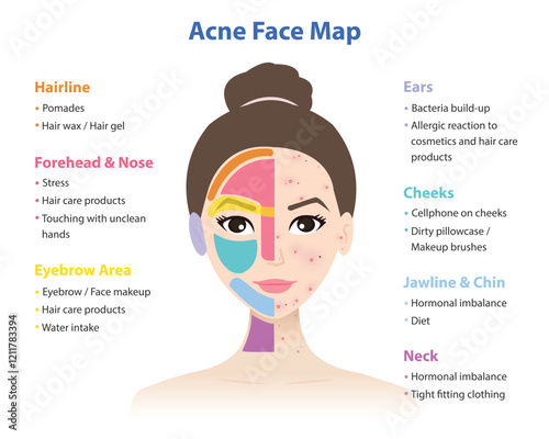 Acne face map on woman face vector illustration isolated on white background. Diagram of acne causes on face chart. Hairline, forehead, nose, eyebrow area, ears, cheeks, jawline, chin and neck.