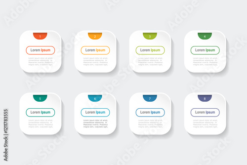 business concept with 8 steps, grey rectangle and multicolor label ,design for workflow layout, diagram, annual report, web design. Creative banner, vector