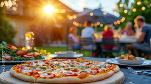 Delicious homemade pizza served at family gathering, with beautiful sunset and outdoor ambiance. Enjoying quality time with loved ones in cozy setting