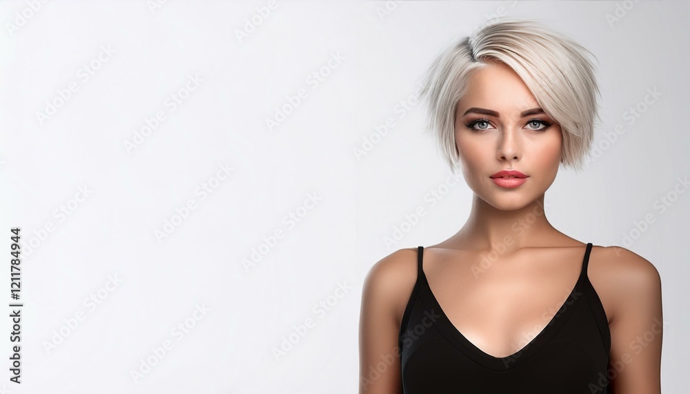 Fototapeta premium studio portrait of a blonde woman with short hair and nude shoulders wearing a low cut black top on a white background, space for text on the left, fashion photography 