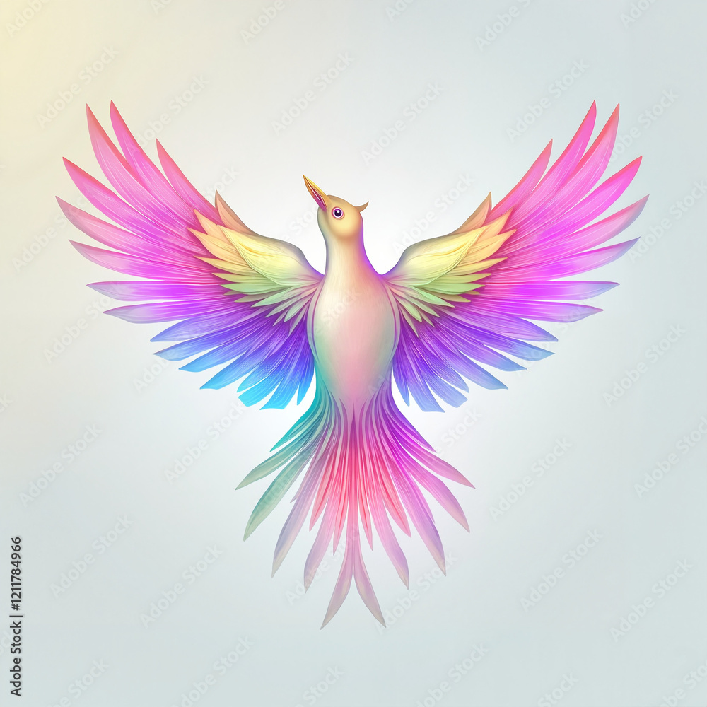 Fototapeta premium Modern vector design of bird with glowing colorful feathers on pastel background