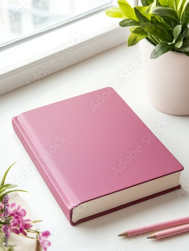 A pink notebook resting on a white desk beside a potted plant and colorful pencils, with sunlight filtering through a window photo