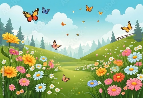 Butterflies flutter over a vibrant meadow of colorful flowers