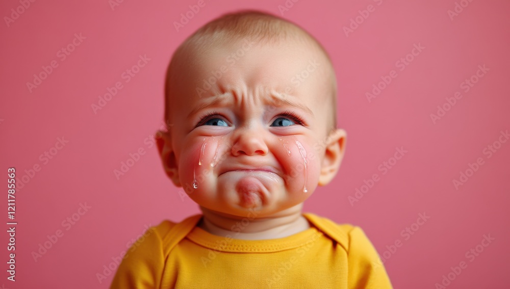 A cute baby crying, with tears flowing down their face against a pink background.
A cute baby crying, with tears flowing down their face against a pink background.