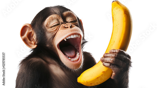 african monkey is smiling with a banana on white background