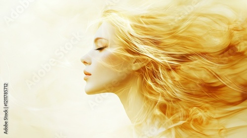 Graceful woman surrounded by flowing yellow and white veil fabric, evoking elegance, peace, and beauty