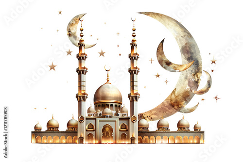 Elegant Ramadan greeting card and poster with a mosque and moon, welcoming the blessings of the holy month isolated on transparent background