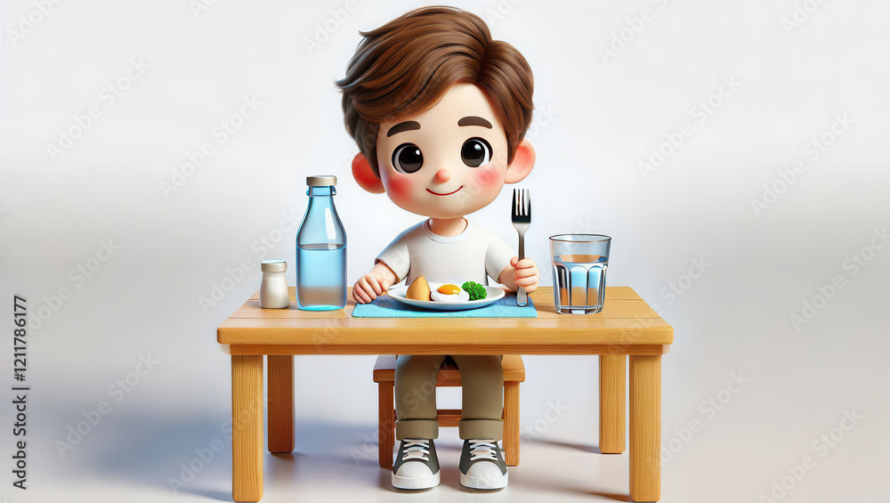 Child enjoying healthy meal at dining table indoor setting illustrative art cheerful atmosphere Child enjoying healthy meal at dining table indoor setting illustrative art cheerful atmosphere