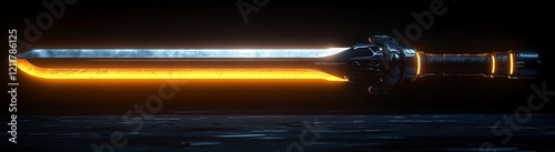 Fiery dual-element energy sword radiates intense orange-red flames and cold blue energy sparks in darkness