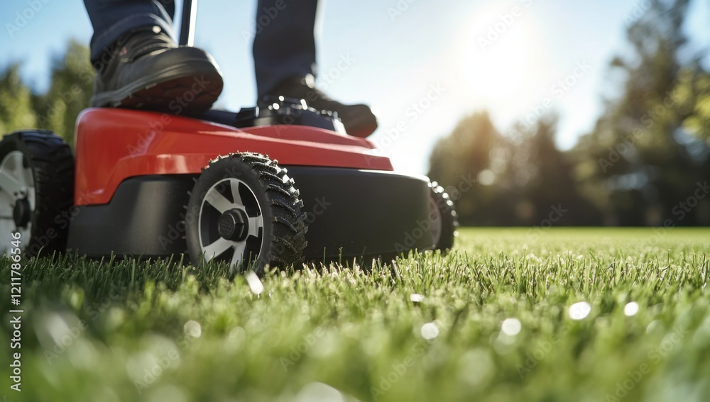 A person using an electric lawn mower to trim the grass.
A person using an electric lawn mower to trim the grass.