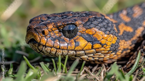 Close-up viper head, meadow, sunlit grass, wildlife, nature photography photo