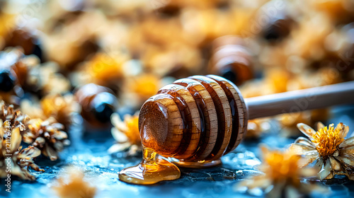 Golden Honey Dripping from Wooden Dipper on Flowers. Sweet, Delicious Honeycomb Closeup photo