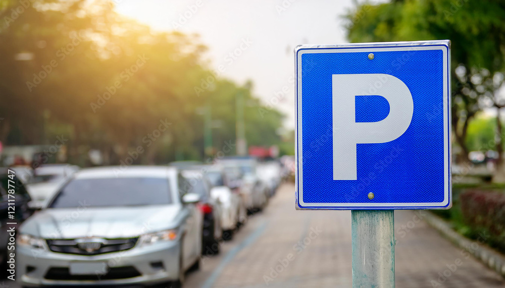 Blue metal city street parking sign, blurred cars in background. Urban car park space, traffic Blue metal city street parking sign, blurred cars in background. Urban car park space, traffic