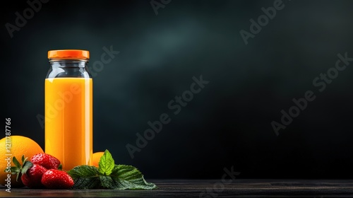 A vibrant bottle of orange juice stands next to fresh strawberries and an orange, set against a dark background, This image is perfect for promoting healthy beverages, breakfast options photo