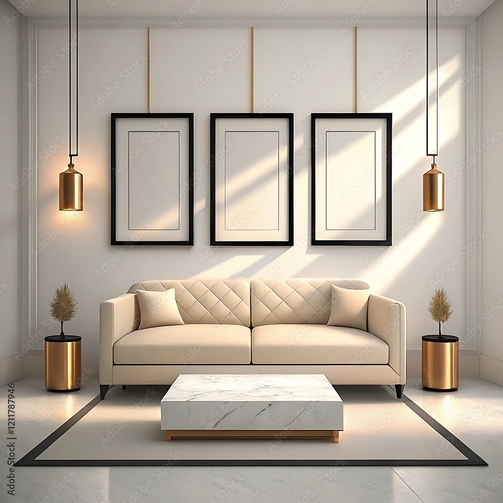 Fototapeta premium Frame mockup, 3D render , ISO A paper size. Living room wall poster mockup. Interior mockup with house background. Modern interior design.