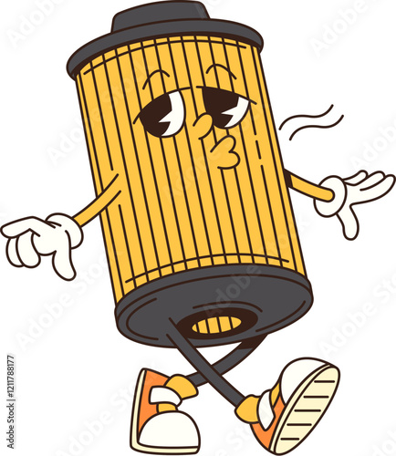 Cartoon retro groovy car oil filter character. Auto mechanic garage 60s cartoon character, car workshop retro isolated vector funny mascot or automobile oil filter spare part groovy happy personage