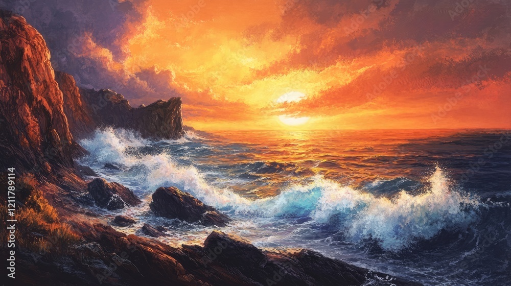 Fototapeta premium Rugged cliffside with waves hitting the rocks, framed by a fiery orange sunset in the distance