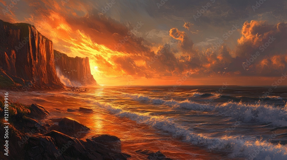 Rugged coastal cliffs glowing under an orange sunset, waves pounding against the rocky shoreline Rugged coastal cliffs glowing under an orange sunset, waves pounding against the rocky shoreline