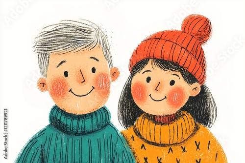 A colorful and cartoonish illustration of a happy couple enjoying a winter moment together. Their naive style and childlike charm add a whimsical touch to the art. photo