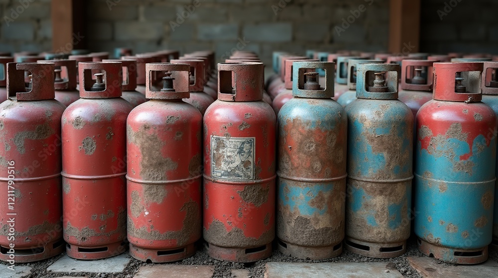 Rustic LPG Cylinders Arranged Neatly in Rows with Weathered Texture Rustic LPG Cylinders Arranged Neatly in Rows with Weathered Texture