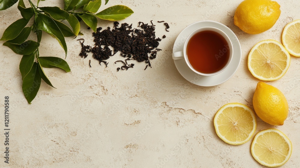 A serene arrangement of tea, lemon slices, and tea leaves on a textured surface. A serene arrangement of tea, lemon slices, and tea leaves on a textured surface.