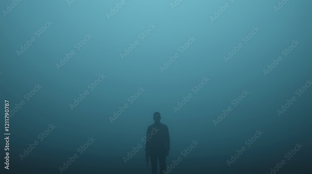 Obraz premium Silhouette of a man in dense fog, evoking mystery.