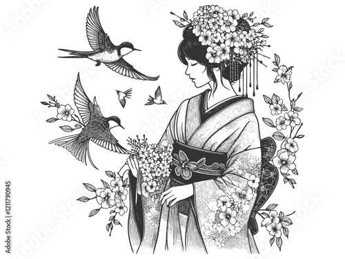 geisha in traditional attire, surrounded by cherry blossoms and flying birds in a serene scene sketch engraving generative ai vector illustration. Scratch board imitation. Black and white image.