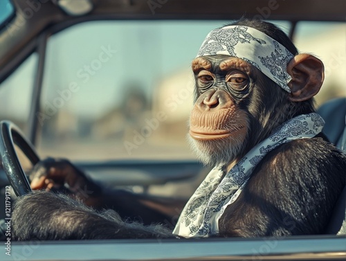 Chimpanzee Driving Automobile With Scarf and Headband Wearing Driving Car Animal Vehicle photo