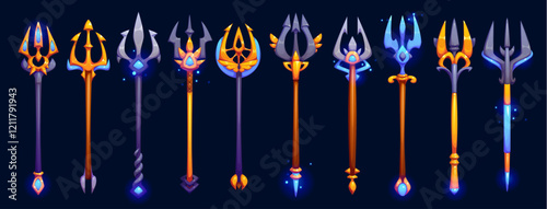 Cartoon tridents, game UI assets. Vector fantasy game spears and lances magic weapon of poseidon or neptune god, devil, demon or magician. Fantasy game tridents with gold or silver poles, gems, arrows