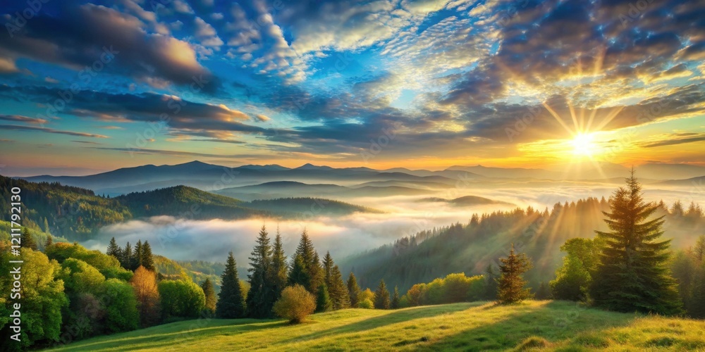 Obraz premium Serene Sunrise Over Misty Mountain Valley with Sun Rays Illuminating Lush Green Landscape