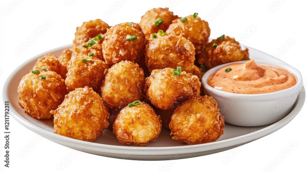 A plate of crispy sweet potato tots with a golden brown crust and a side of spicy sriracha mayo, Each tot’s crispy exterior and fluffy interior captured with precision A plate of crispy sweet potato tots with a golden brown crust and a side of spicy sriracha mayo, Each tot’s crispy exterior and fluffy interior captured with precision